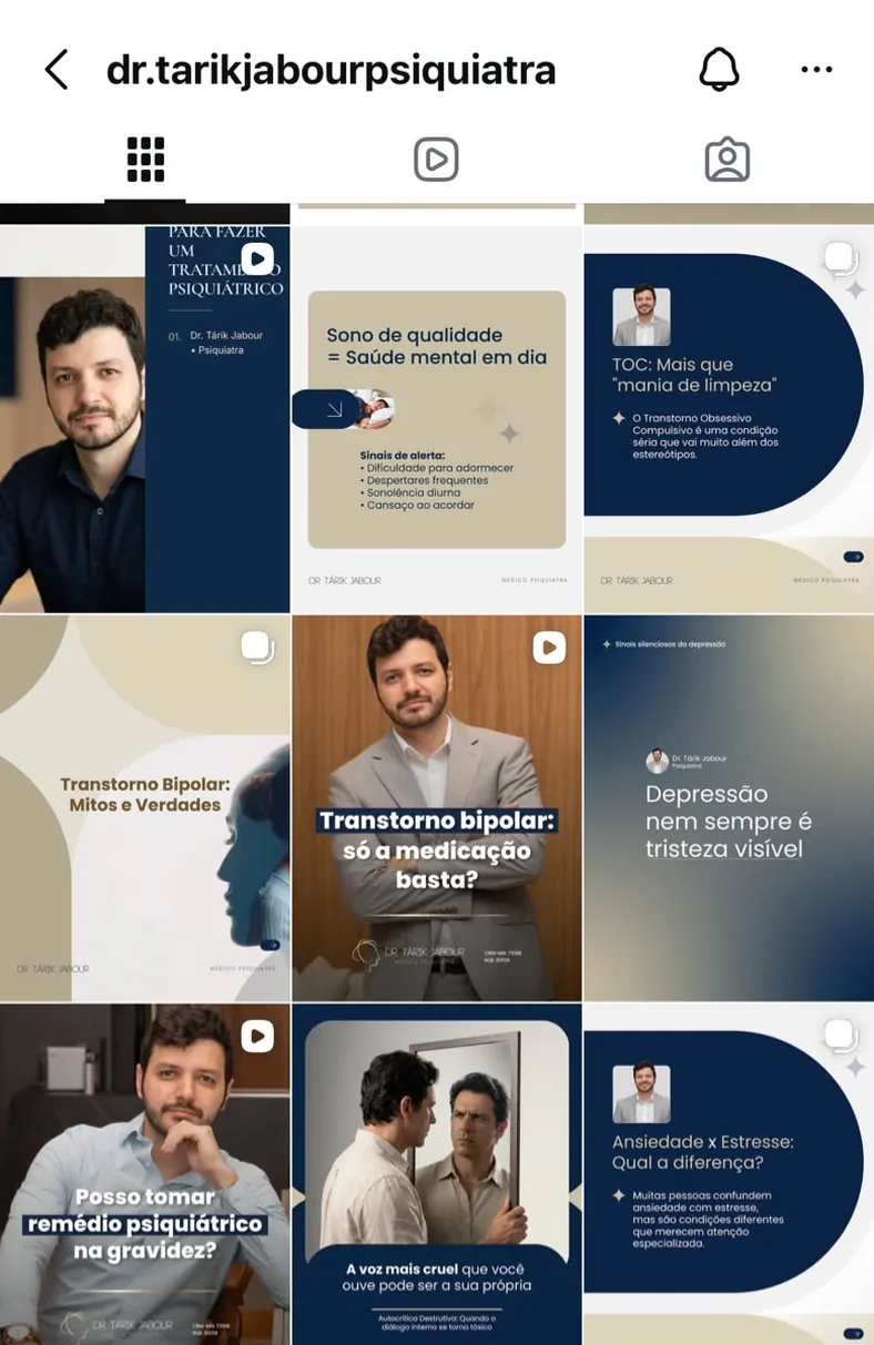 Feed do Instagram do Dr. Tárik Jabour, psiquiatra, antes, com identidade menos coesa