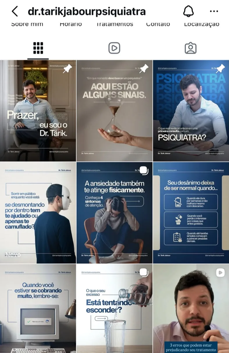 Feed do Instagram do Dr. Tárik Jabour, psiquiatra, depois do trabalho da MovMed, com identidade visual coesa e editorial