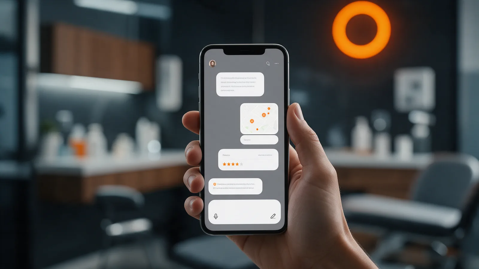 Mão segurando um celular com uma conversa de inteligência artificial recomendando uma clínica médica
