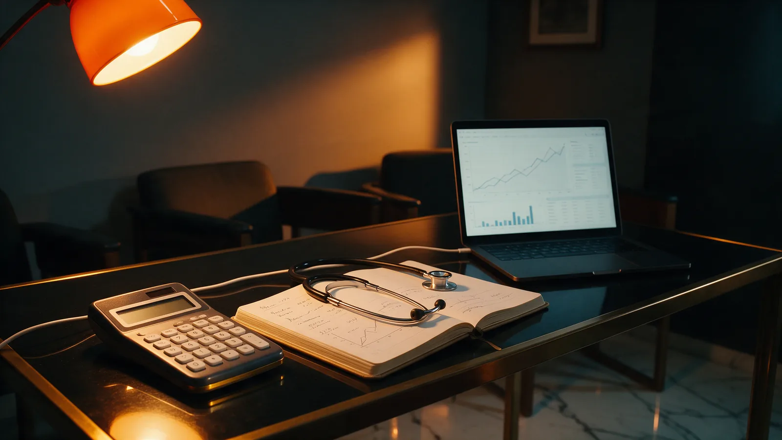 Mesa de consultório com calculadora, anotações de orçamento e notebook com gráficos de crescimento