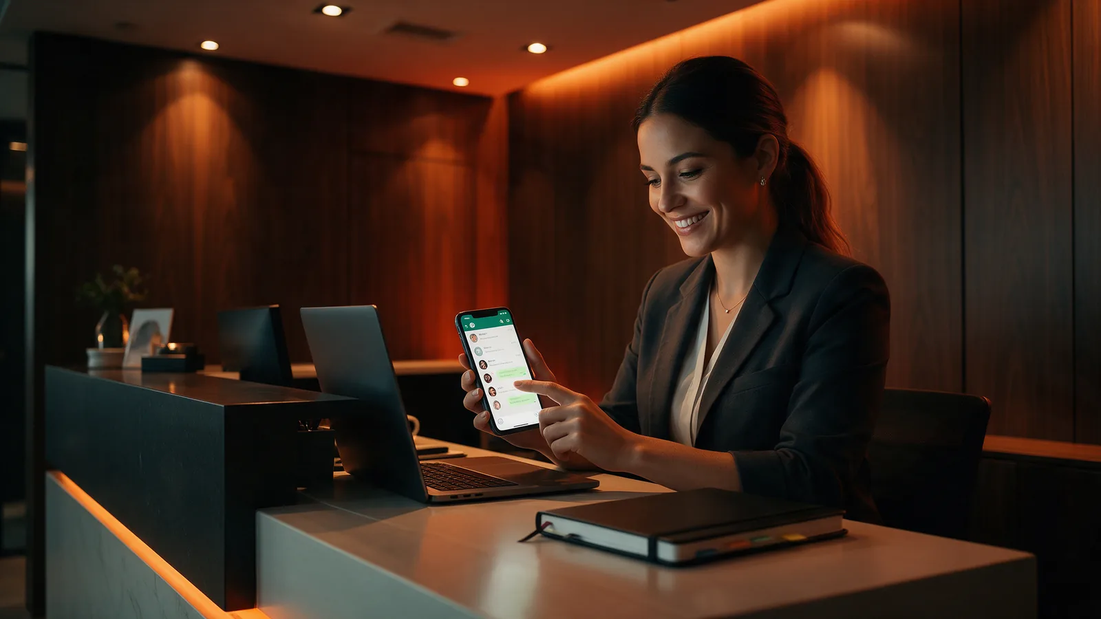Recepcionista de clínica médica respondendo pacientes pelo WhatsApp no celular